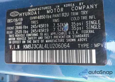 2020 Hyundai Tucson Sport z USA, uszkodzony, nr VIN KM8J3CAL4LU206064